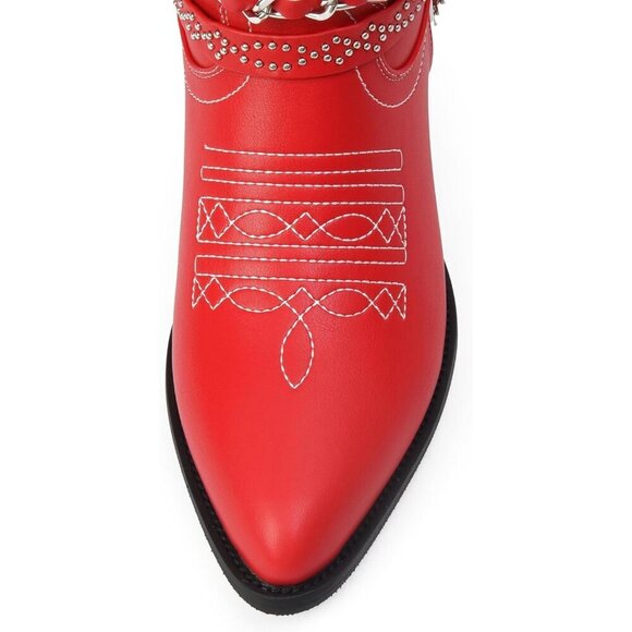 🆕Women Red Cowboy Boot with Chain Pointy Toe Heel Pull on Style Western Boots - Picture 2 of 9